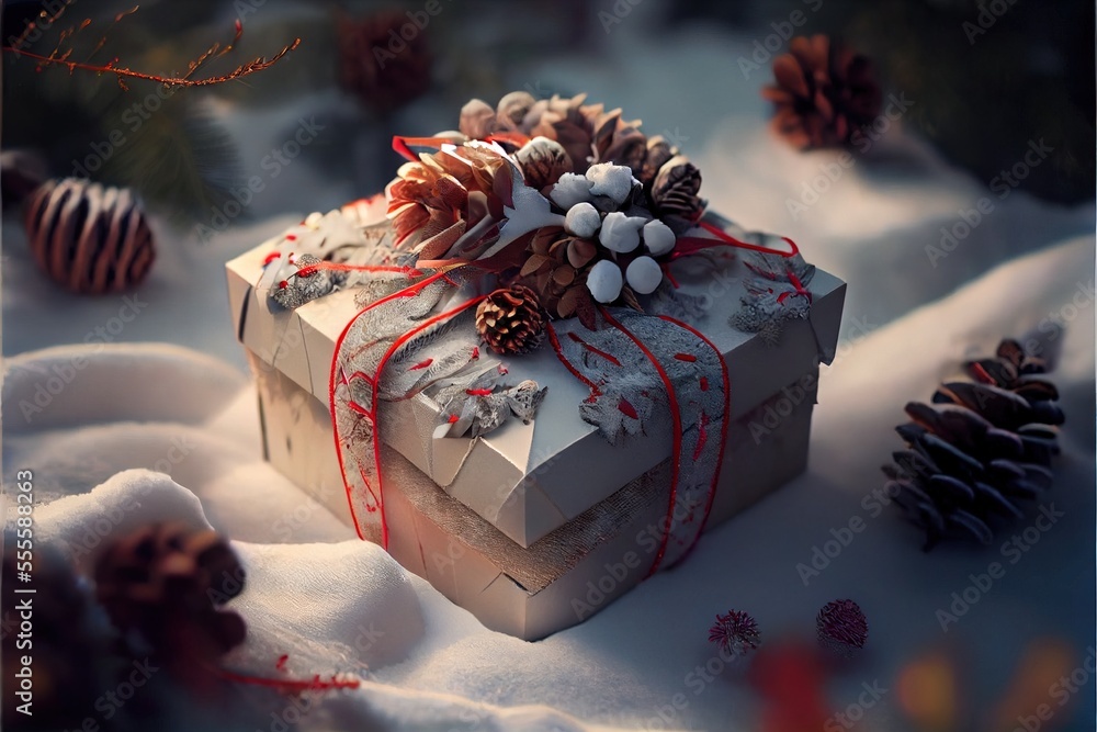 Poster a wrapped present box with pine cones and candy on it in the snow with pine cones and cones on top. 