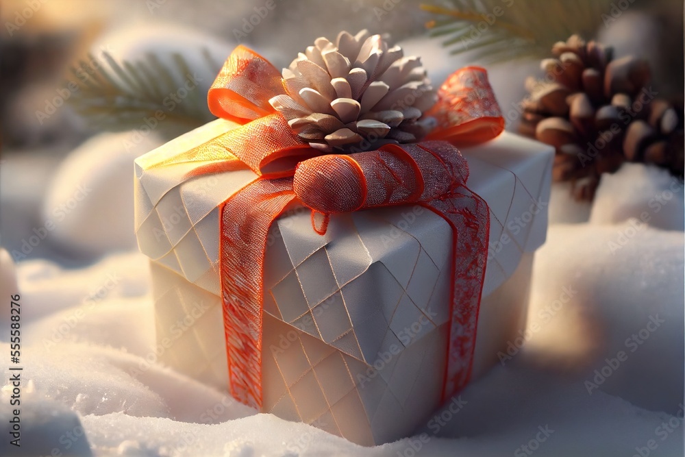 Aufkleber a white present box with a red ribbon and a pine cone on top of it in the snow with pine cones. gene