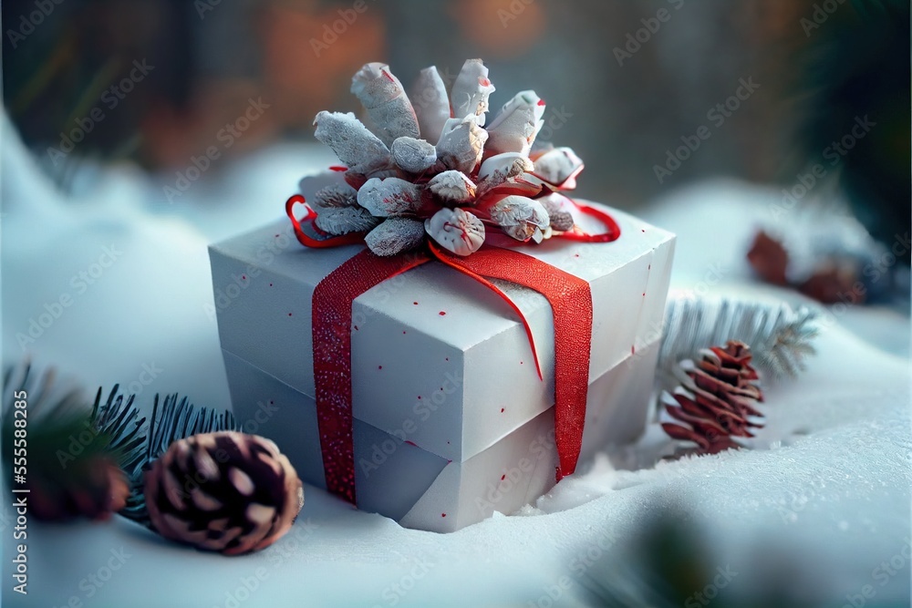 Aufkleber a white present box with a red ribbon and a pine cone on top of it in the snow with pine cones and c