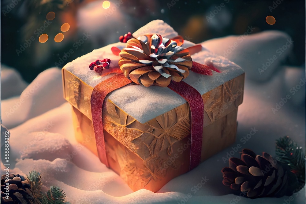 Aufkleber a present wrapped in a yellow and red ribbon with a pine cone on top of it and a pine cone on the to