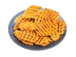 Fried Waffle Potato on black dish on white bakground ,Waffle french fried appetizer food PNG File.