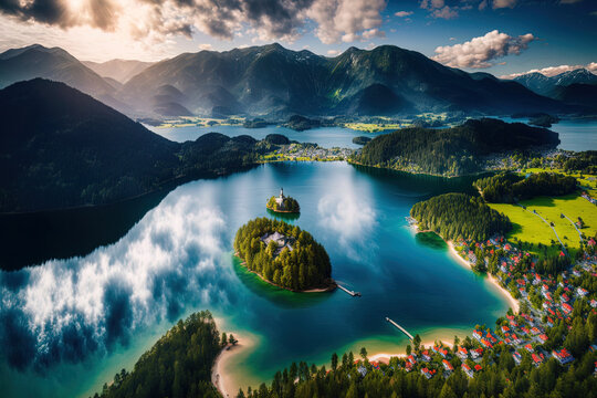 Germany's Tegernsee. Near the Austrian border in Rottach Egern, Germany, is Lake Tegernsee. aerial picture of the Bavarian Alps' Tegernsee Lake. Wiessee Bad. Lake Tegernsee in Bayern. Generative AI