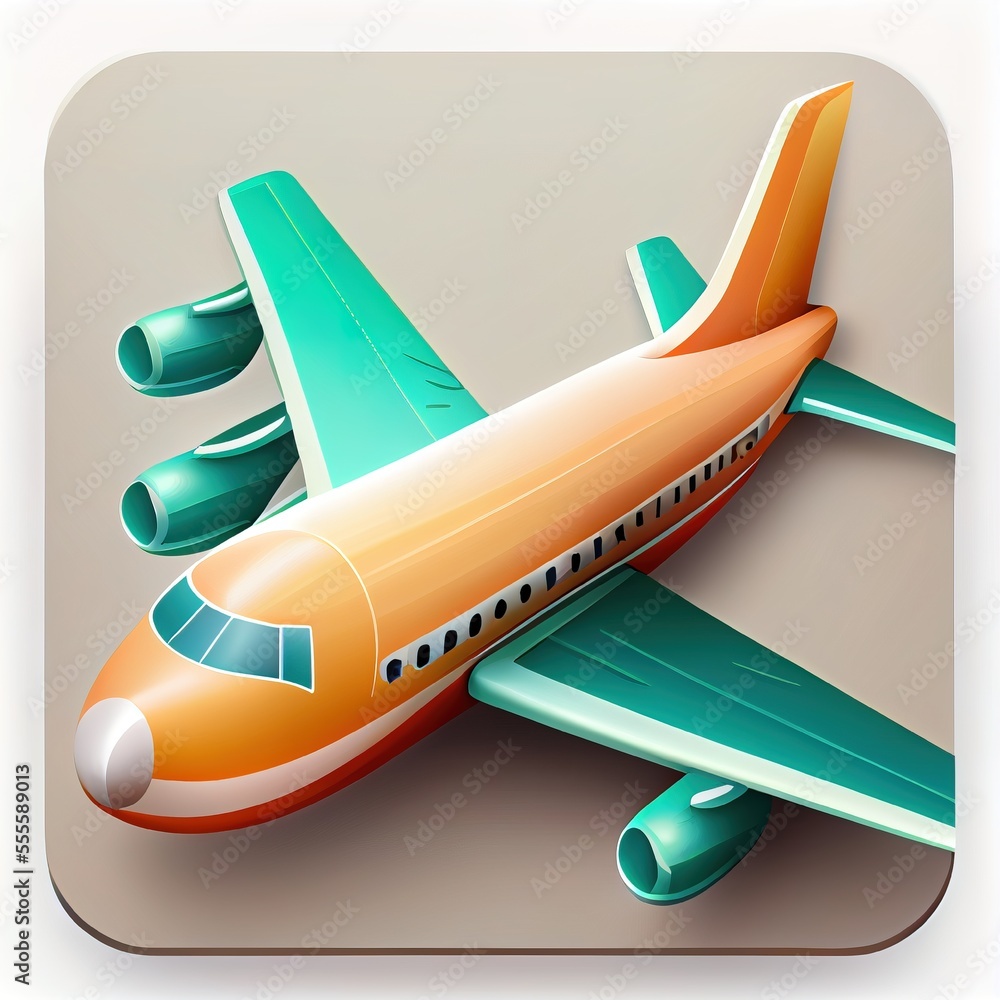 Poster a colorful airplane is flying over a gray background with a shadow on the ground below it and a shad