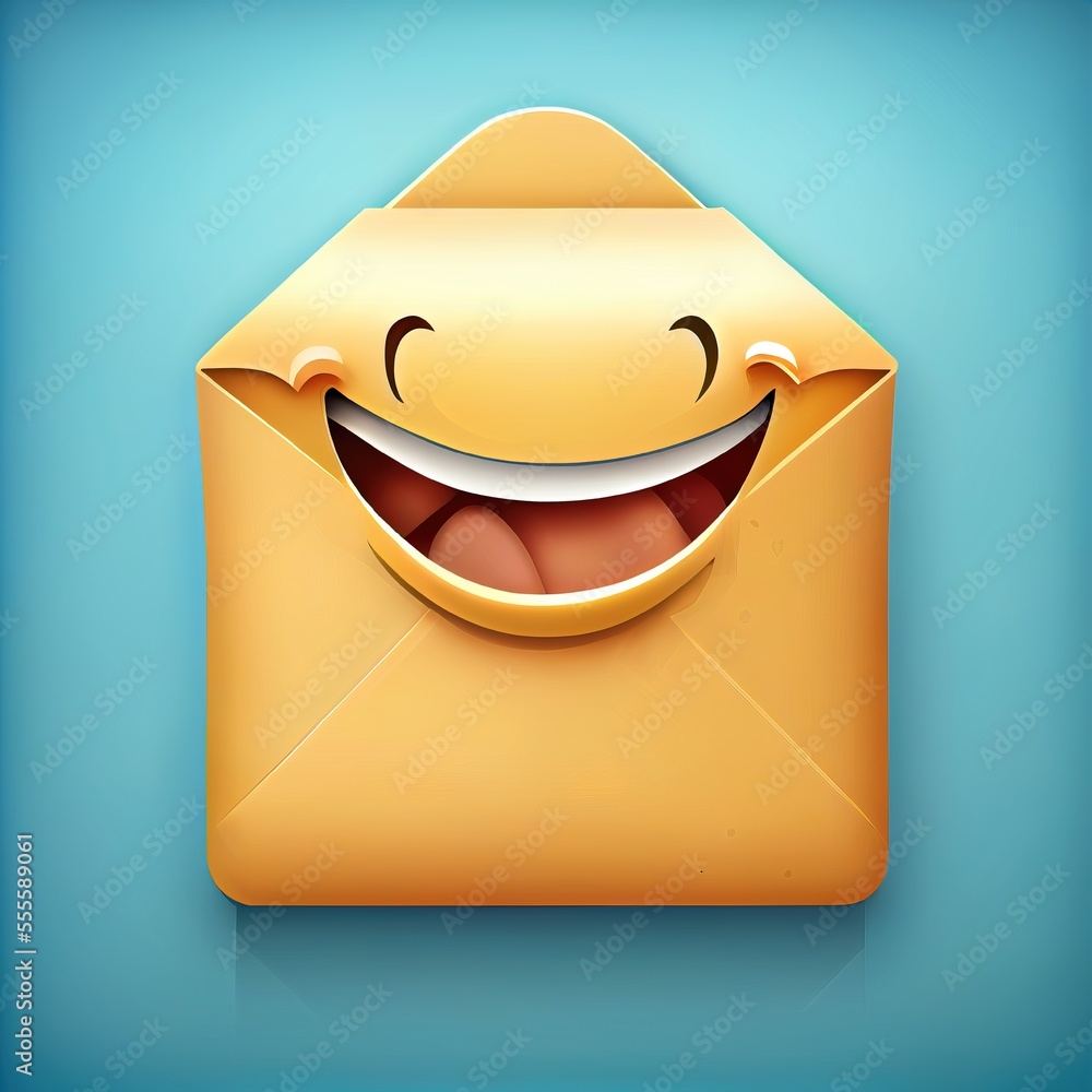 Poster a yellow envelope with a smile on it's face and a blue background with a blue border around it. gene