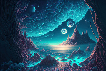 Galactic Ocean Theme, Epic Rende Imaginary Fantasy Landscape Illustration, Insanely Complex Detail. Generative AI