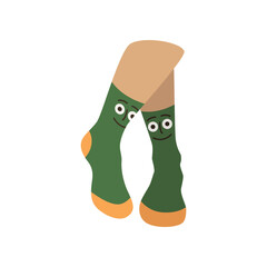 Pair of female feet in green socks with face. Vector illustration underwear. Cartoon warm wool or cotton clothes for legs with funny pattern isolated on white. Accessory, footwear, fashion concept