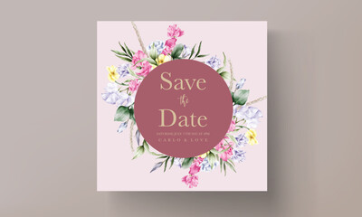 beautiful watercolor flower and leaves wedding invitation card