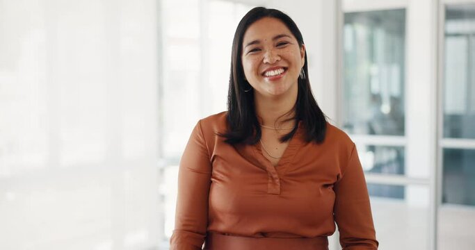 Business woman, face or peace sign in modern office, marketing company or advertising startup for Indonesian about us. Portrait, happy smile or fun hands gesture for creative designer with hair tuck