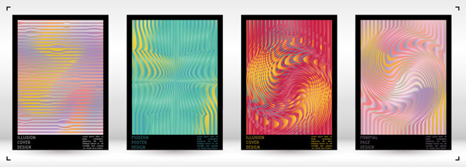 Geometrical Poster Design with Optical Illusion Effect.  Minimal Psychedelic Cover Page Collection. Colorful Wave Lines Background. Fluid Stripes Art. Swiss Design. Vector Illustration for Placard.