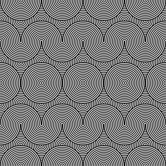 Fototapeta premium Vector abstract seamless pattern.Modern geometric background.Repeated monochrome pattern with concentric circles background ornament of striped concentric circles.Monochrome background with diagonal.