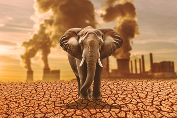 Fototapeta na wymiar The concept of elephants in arid areas due to global warming and environmental changes