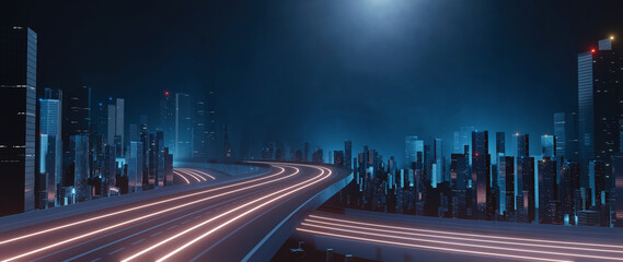 3D Rendering of trail lights from highway and light reflection from buildings in mega city at night. Concept of technology background, cyberpunk, fin tech, big data, 5g fast network, AI