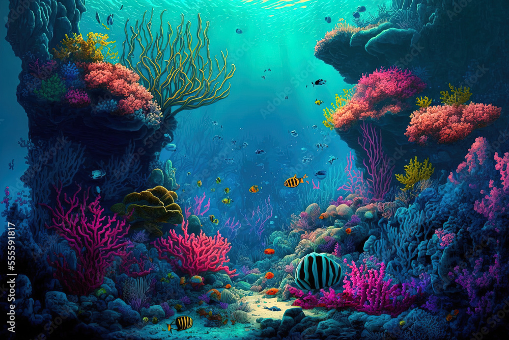 Wall mural coral reef at the bottom of the blue sea. generative ai