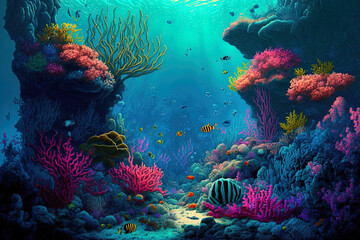 Fototapeta na wymiar Coral reef at the bottom of the blue sea. Generative AI