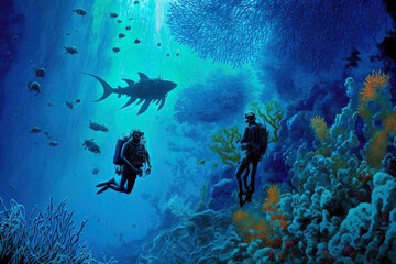 Fototapeta premium On a tropical reef with a blue backdrop, divers dive. Generative AI