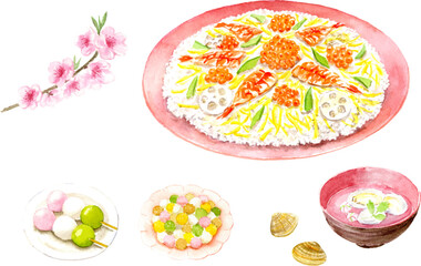 ちらし寿司と蛤のお吸物　ひなあられ　ひなまつり　水彩イラスト　ベクター