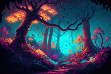 Obraz premium Fantasy illustration of a brilliant, colorful, neon lit woodland that resembles a fairytale. Generative AI