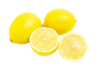 Lemon citrus fruits, whole, half and slice isolated on white background