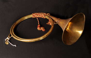 Brass military bugle 19th century, used during fighting and rallying the troops, 