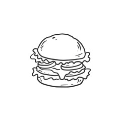 Hand drawn burger in outline doodle style, isolated on white background. Fast food meal with beef, lettuce for menu design.