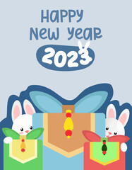 2023 Gyemyo Year New Year's Rabbit Character Illustration. Depicting a boy and a girl in hanbok clothes against the background of traditional Korean gifts with the numbers 2023. Hares in a costume