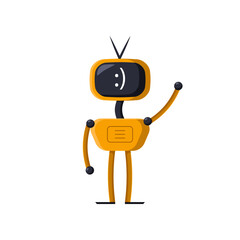 Happy yellow modern toy robot cartoon character illustration. Cute modern bot waving, childish cyborg or assistant for kids on white background. Childhood, AI, technology concept