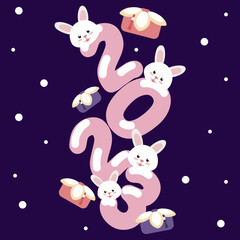 Obraz na płótnie Canvas 2023 Gyemyo Year New Year's Rabbit Character Illustration. The muzzles of rabbits were plastered on all sides with the numbers 2023 on a purple background. Korean gifts are falling from the sky.