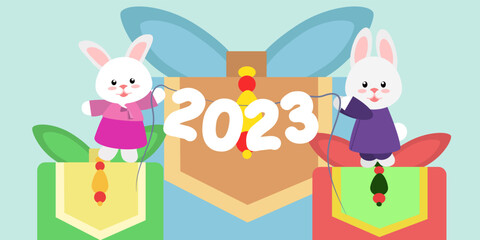 2023 Gyemyo Year New Year's Rabbit Character Illustration. Depicting a boy and a girl in hanbok clothes against the background of traditional Korean gifts with the numbers 2023. Hares in a costume