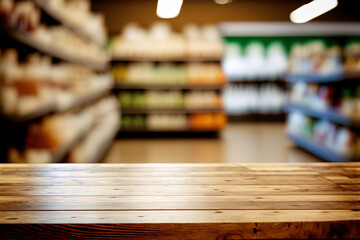 Shinny empty natural wooden counter top in an eco-friendly grocery store with beautiful wooden products shelf in background. Nobody, Healthy products display, Day light, Blurred, Selective focus.