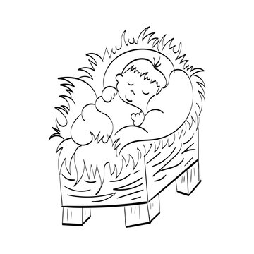 Baby Jesus Christ in the crib manger nativity, Merry Christmas vector illustration