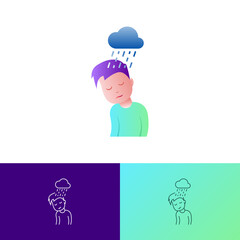 Depression, neurosis, emotional burnout, sad man with rain sign. Negative emotion. Post-covid syndrome. Thin line icon. Vector illustration.