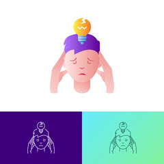 Loss of skills, Alzheimer disease, long covid, dementia gradient flat icon. Broken light bulb under man's head. Vector illustration.