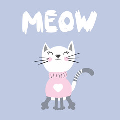 Vector illustration of a gray cat. It can be used as greeting card, poster, invitation for birthday, t-shirt print