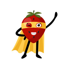 Cute superhero strawberry character illustration. Cartoon drawing of comic berry with yellow mask and cape with comic isolated on white background. Healthy food concept