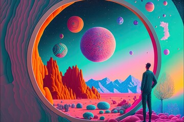 Marvelous futuristic interior studio room with large window view outside of space and alien planets. Colorful retro stylized.