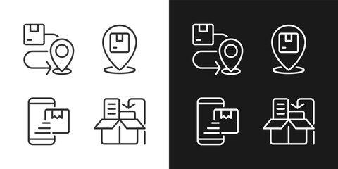 Delivery stages pixel perfect white linear icon for dark themes set for dark, light mode. Order goods. Receive box. Thin line symbols for night, day theme. Isolated illustrations. Editable stroke