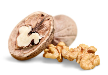 Collection of Walnut and a cracked walnut isolated on the white background
