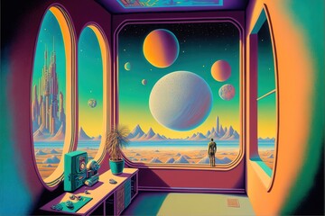 Fototapeta na wymiar Marvelous futuristic interior studio room with large window view outside of space and alien planets. Colorful retro stylized.