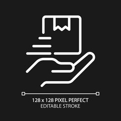 Provide delivery service pixel perfect white linear icon for dark theme. Commercial distribution. Logistics. Thin line illustration. Isolated symbol for night mode. Editable stroke. Arial font used