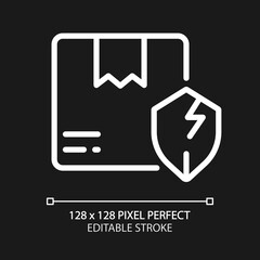 Unprotected parcel pixel perfect white linear icon for dark theme. Order damage. Delivery failure. Thin line illustration. Isolated symbol for night mode. Editable stroke. Arial font used