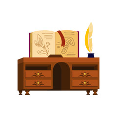 Table with book for wizard school interior vector illustration. Library object, table for writing with old book. Halloween, magic, fairy tale concept