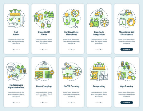 Regenerative agriculture onboarding mobile app screens set. Walkthrough 5 steps editable graphic instructions with linear concepts. UI, UX, GUI template. Myriad Pro-Bold, Regular fonts used