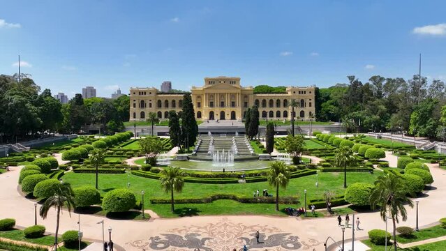 Famous Ipiranga Museum at downtown Sao Paulo Brazil restorative in 2022. Medieval Building at downtown city. Scenic garden and landmark building of city. Sao Paulo Brazil.