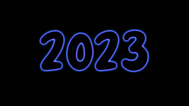 Happy new year 2023 text neon animation video on black background.glowing and shining
