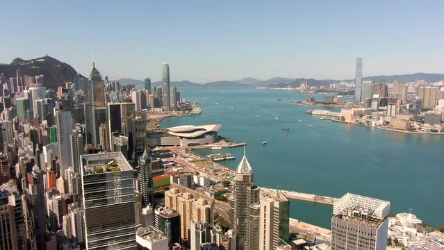 Central Hong Kong bay and city skyscrapers, Aerial footage
