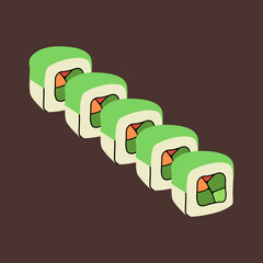 Set of cartoon rolls on colored background, asian food