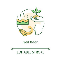 Soil odor concept icon. Smells sweet and earthy. Healthy ground indicator abstract idea thin line illustration. Isolated outline drawing. Editable stroke. Arial, Myriad Pro-Bold fonts used