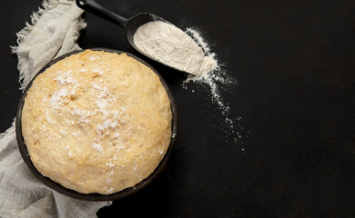Raw dough pastry in a bowl on dark background.