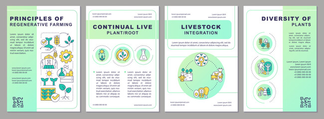 Principles of regenerative farming green gradient brochure template. Leaflet design with linear icons. Editable 4 vector layouts for presentation, annual reports. Arial, Myriad Pro-Regular fonts used