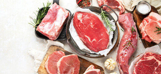 Assortment of raw meats on grey background.